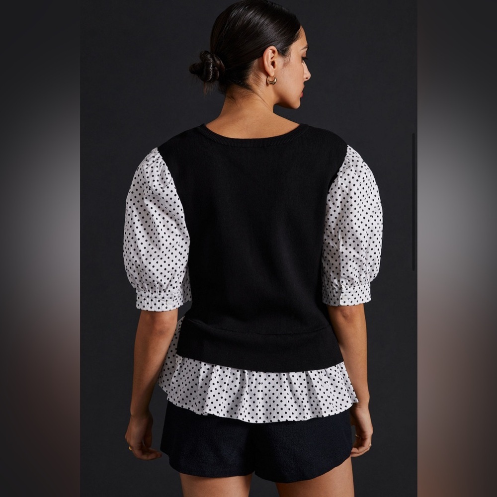 Anthropologie Size M Black and White Polka Dot Mixed Media Puff-Sleeve Sweater - Picture 3 of 7
